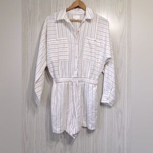EVERY Button Long Sleeve White & Beige Stripe Romper Collar Waist Tie Size S